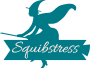 Silhouette of witch with tall hat and cape on broomstick. Banner underneath reads: "Squibstress"