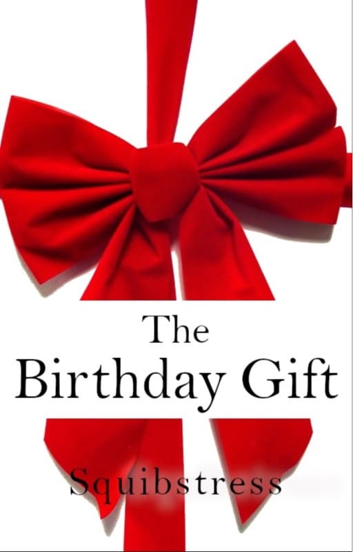 White package with big red bow. Title: The Birthday Gift, by Squibstress.