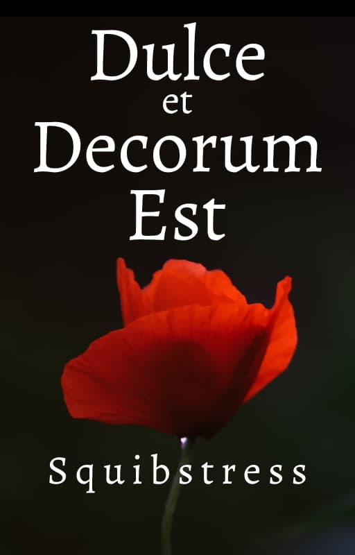 Single red poppy against a black background. Title: Dulce et Decorum Est, by Squibstress.