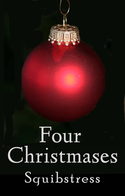 Red ball Christmas ornament against a black background. Title: Four Christmases, by Squibstress.