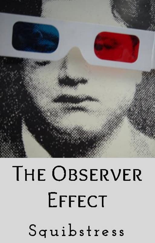 Old-fashioned newsprint image of the face of a pale, round-faced man, with 3-D glasses sitting on top of it. Title: The Observer Effect, by Squibstress