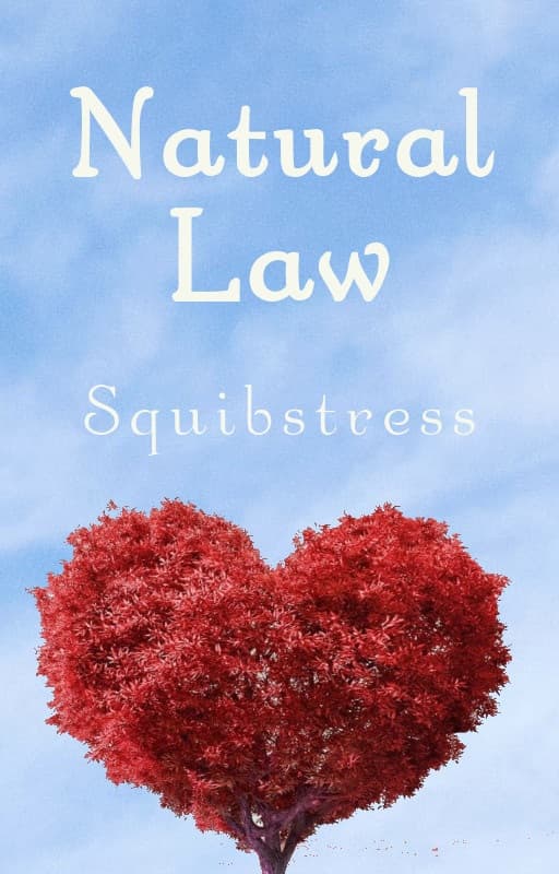 Lone tree with canopy of red flowers in a heart shape, against a blue sky with wispy clouds. Title: Natural Law, by Squibstress.