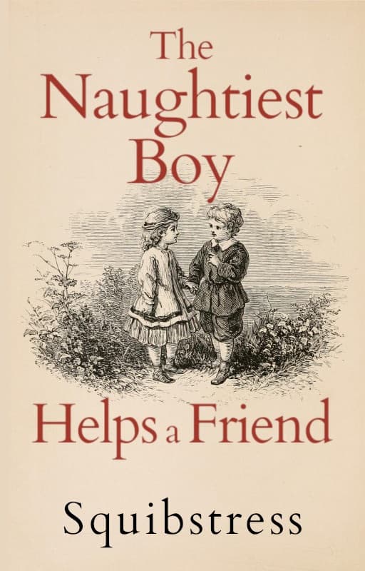 Victorian-era drawing of a young girl and boy holding hands in a garden. Title: The Naughtiest Boy Helps a Friend, by Squibstress.