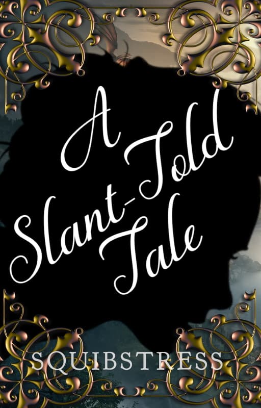 Close silhouette of a woman's profile in a filligreed gold frame. Title: A Slant-Told Tale, by Squibstress