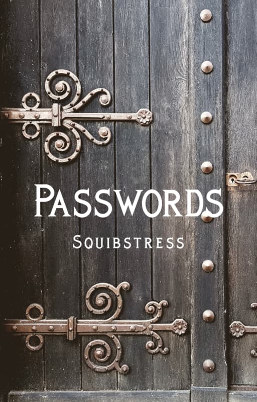 Old wood door with fancy brass hinges and brass studs. Title: Passwords, by Squibstress
