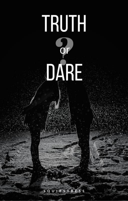 Young man and woman, lips meeting in a kiss, in the snow at night. Title: Truth or Dare, by Squibstress.
