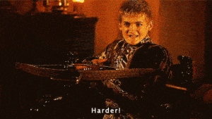 Image of young prince (Joffrey Baratheon) holding a crossbow and saying, 