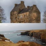 Collage: 1) bedroom with large 4-poster bed, red chairs, and fireplace; 2) Old castle 3) formal dining room with long table; 4) small graveyard with old gravestones; 5) coastline with craggy cliffs; 6) Old dusty wine bottles