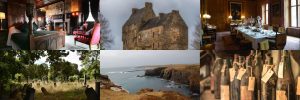 Collage: 1) bedroom with large 4-poster bed, red chairs, and fireplace; 2) Old castle 3) formal dining room with long table; 4) small graveyard with old gravestones; 5) coastline with craggy cliffs; 6) Old dusty wine bottles