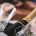 Champagne bottle with two crystal champagne flutes