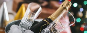 Champagne bottle with two crystal champagne flutes