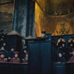 Courtroom with red- and black-robed people