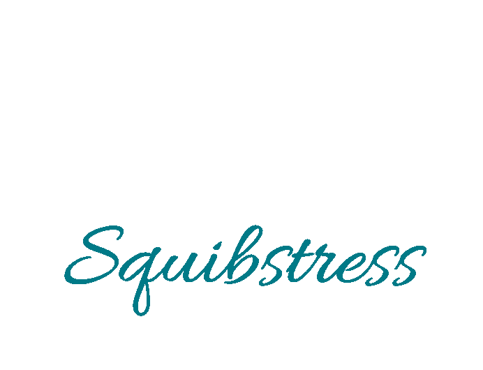 Silhouette of witch with tall hat and cape on broomstick. Banner underneath reads: "Squibstress"