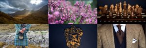 Collage: 1) Highland hills; 2) purple heather; 3) wood chess set; 4) Man in highland dress; 5) Ravenclaw crest; 6) close-up of tweed suit jacket and tie