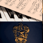 Collage comprising: 1) row of old book spines; 2) piano with sheet music; 3) Hogwarts Hall decorated for Christmas; 4) Blue Christmas ornaments on a tree; 5) Ravenclaw crest against a blue background; 6) Old fashioned grammophone