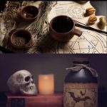 Collage: 1) old books; 2) mortar and pestle with herbs and symbolic drawings; 3) silvery doe in woods; 4) Dark Mark on forearm; 5) potion bottle, candle, and skull; 6) Slytherin crest