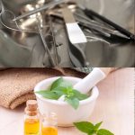 Collage: cup of coffee in a china cup; surgical instruments; vials of potions; fingers gently washing skin; mortar and pestle with herbs; Hogwarts infirmary