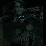 Collage of images: Large viper snake in cage; young man with dark short hair in a dark school uniform; silver badege with green background, legend "Prefect"; gold ring with black triangular stone carved with triangle on a wood table; spooky graveyard with large cross headstone, full moon, and leafless tree at night; stack of old books next to a skull and an hourglass