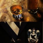 Collage: 1) black-and-white chess board; 2) snifter of brandy; 3) old-fashioned magnifying glass, pocket watch and book; 4) Spines of old books; 5) Ravenclaw crest on a blue blazer; 6) packet of old letters tied with string next to an ink bottle