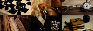 Collage: 1) black-and-white chess board; 2) snifter of brandy; 3) old-fashioned magnifying glass, pocket watch and book; 4) Spines of old books; 5) Ravenclaw crest on a blue blazer; 6) packet of old letters tied with string next to an ink bottle