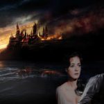 Young, dark-haired woman and middle-aged bearded man against a background of a burning castle.