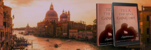 Books -- paperback and e-book with cover of a silhouette of a man and woman embracing, against a backdrop of Venice.