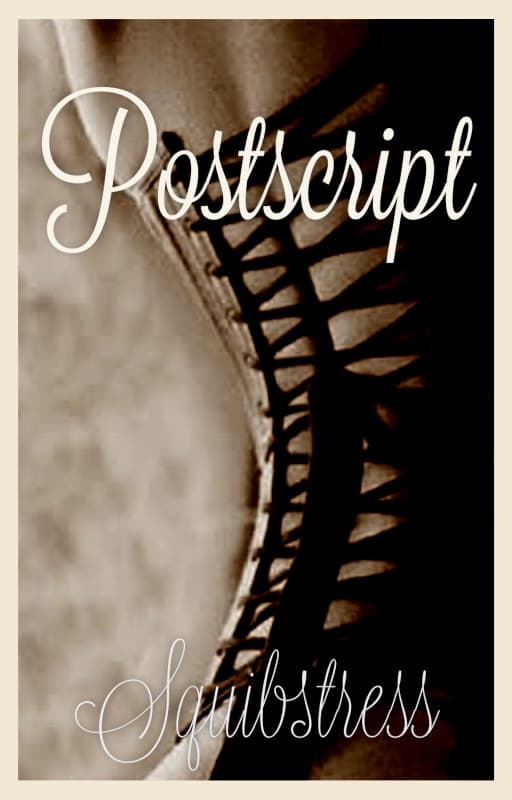 Close-up of the back of a woman wearing a black, lace-up corset. Title: Postscript, by Squibstress.