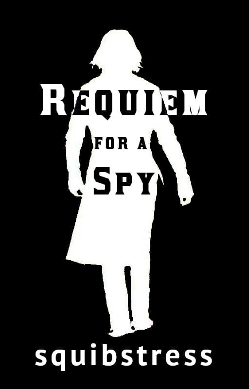 White silhouette of a man with shoulder-length hair, wearing a frock coat, walking. Title: Requiem for a Spy, by Squibstress
