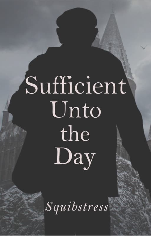 Old man with cane and billed cap, seen from behind as he walks towards a castle. Title: Sufficient Unto the Day, by Squibstress.