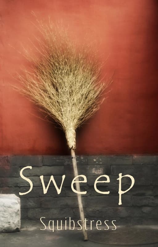 Old broom with straw tail leaning against an ochre-colored wall. Title: Sweep, by Squibstress
