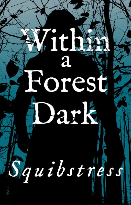 Silhouette of a man, seen from behind, walking through a dark, winter wood. Title: Within a Forest Dark, by Squibstress.
