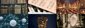 Collage comprising: 1) row of old book spines; 2) piano with sheet music; 3) Hogwarts Hall decorated for Christmas; 4) Blue Christmas ornaments on a tree; 5) Ravenclaw crest against a blue background; 6) Old fashioned grammophone