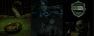 Collage of images: Large viper snake in cage; young man with dark short hair in a dark school uniform; silver badege with green background, legend "Prefect"; gold ring with black triangular stone carved with triangle on a wood table; spooky graveyard with large cross headstone, full moon, and leafless tree at night; stack of old books next to a skull and an hourglass